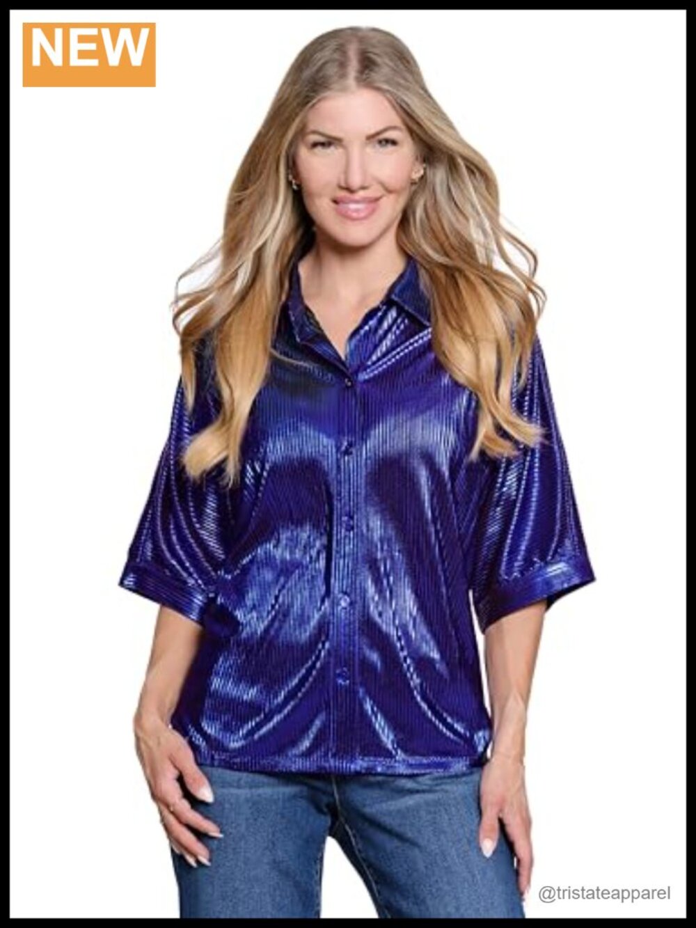Women's Shimmer Pleat Button Front Blouse with Dolman Sleeves